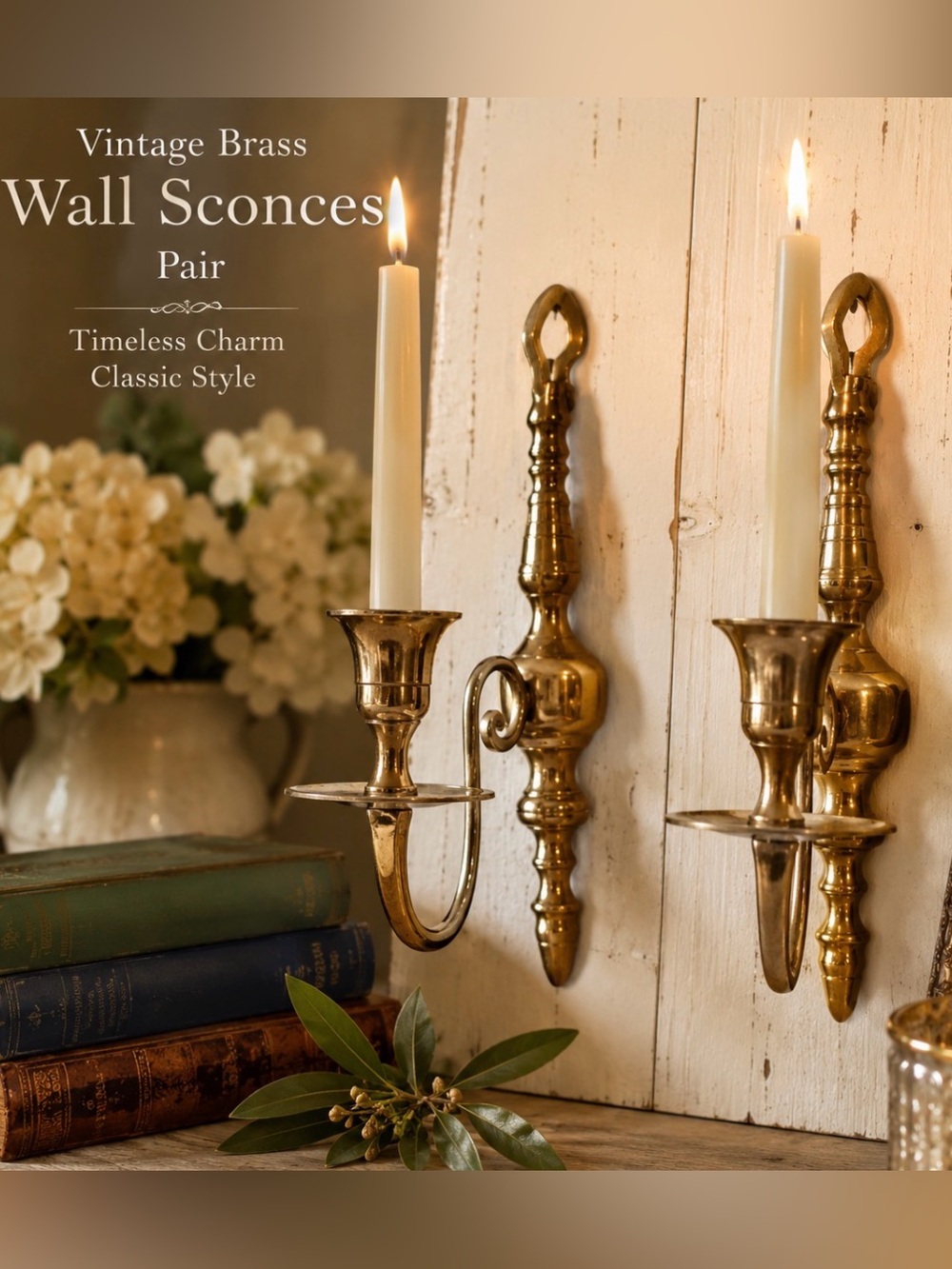 Vintage Brass Wall Candle Sconces Pair Single Candle Colonial Traditional Décor
